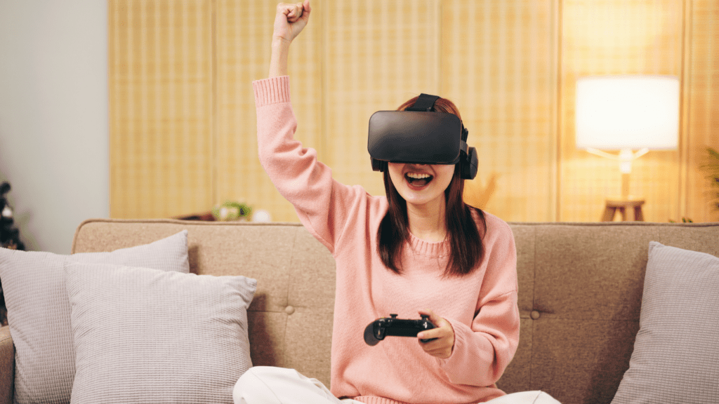 Woman Playing video game using VR